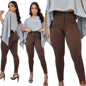 Calça Legging Feminina Canelada 3D Cintura Alta Zíper