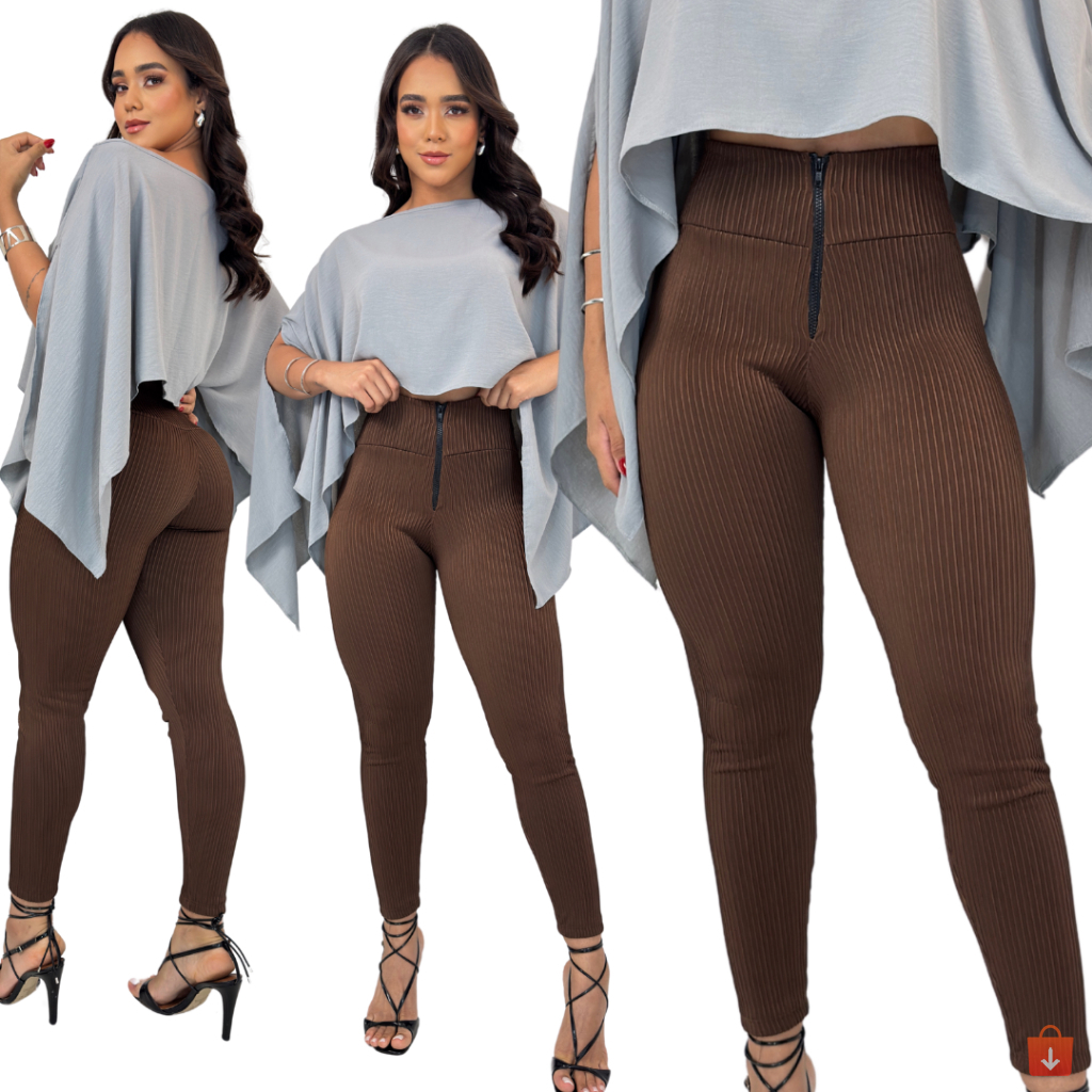 Calça Legging Feminina Canelada 3D Cintura Alta Zíper