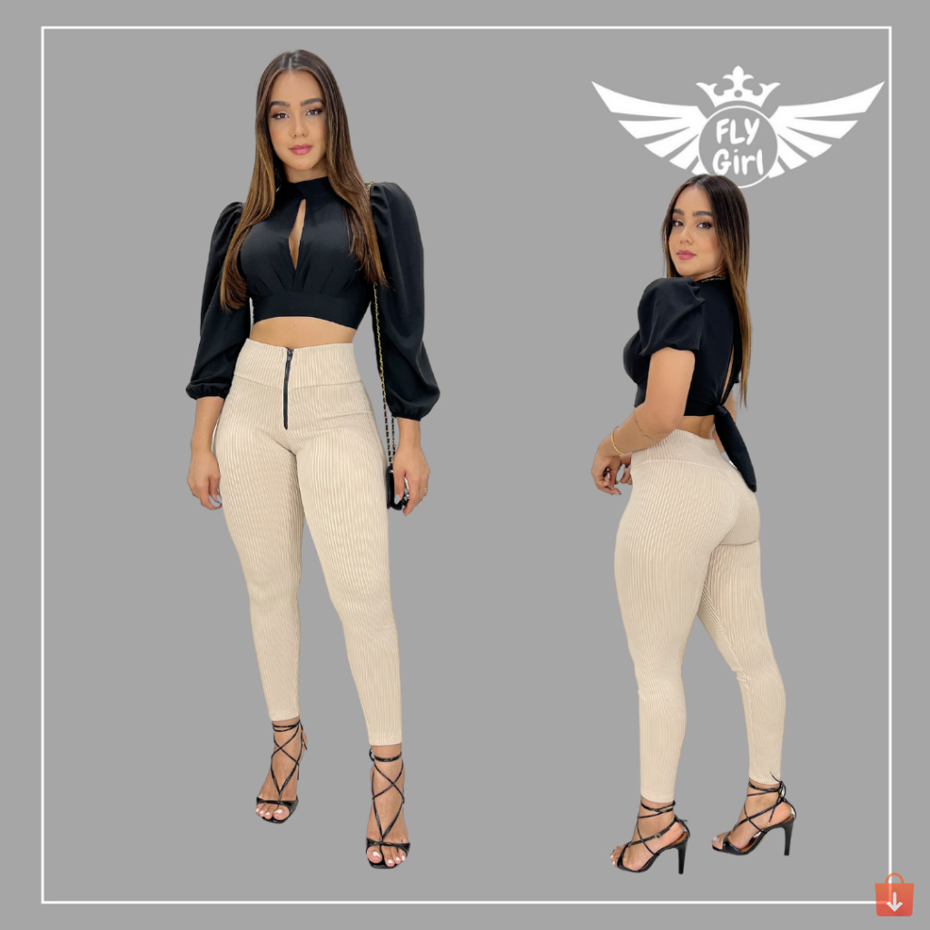 Calça Legging Feminina Canelada 3D Cintura Alta Zíper - Imagem 4